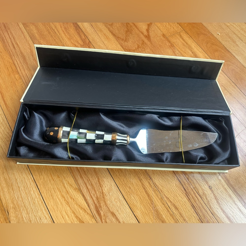 MacKenzie-Childs Black and White Checkered Cake Server with Brass Accents